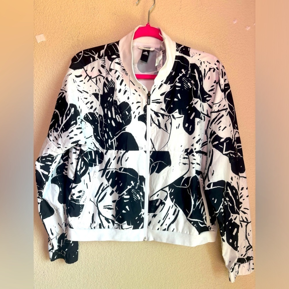 Adidas Black & White Tropical Monstera Cropped Bomber Windbreaker Jacket L